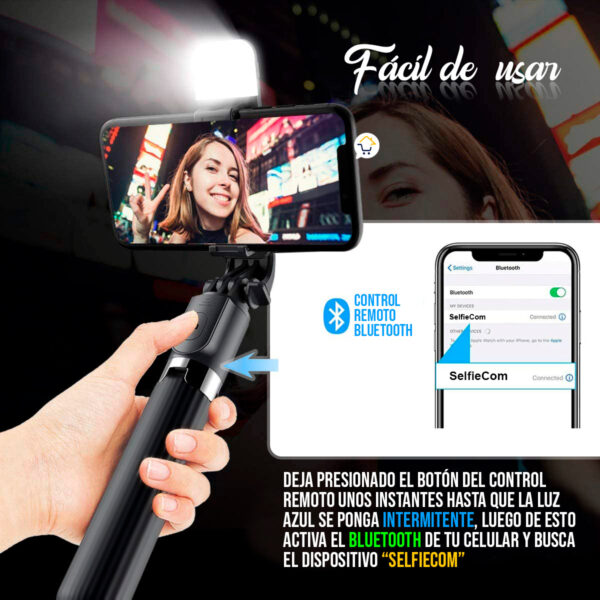 Selfie Stick Trípode con Luz LED y Control Remoto – Compatible con iPhone y Android - Image 3