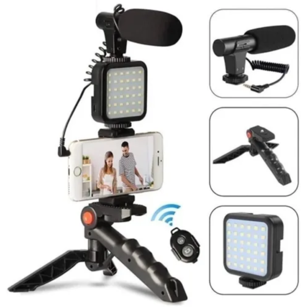 Estabilizador Soporte Celular con Luz LED y Micrófono – Kit Profesional para Creadores de Contenido y Streaming